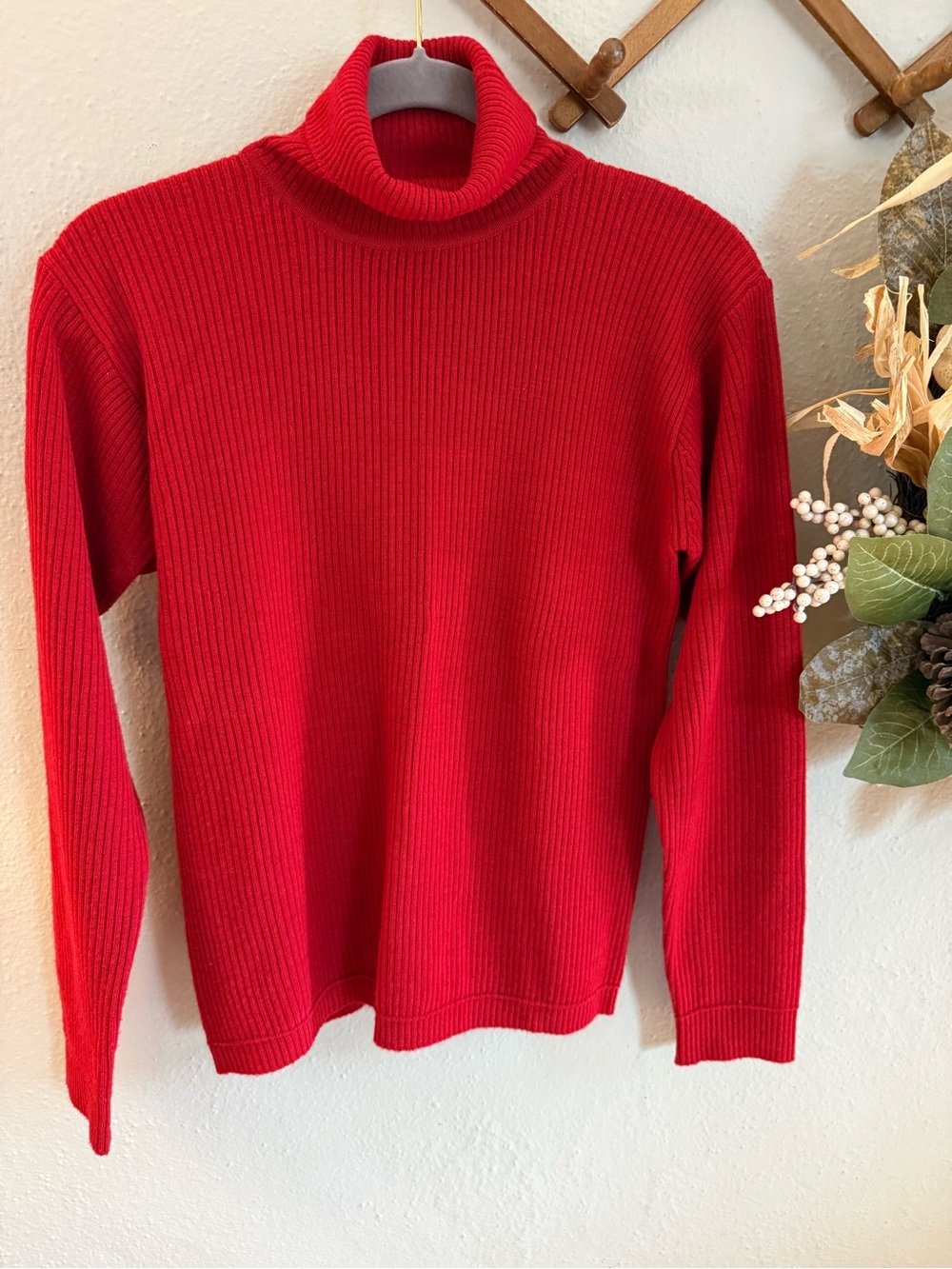Merino Wool Classic Red Ribbed Turtleneck Sweater - Women's